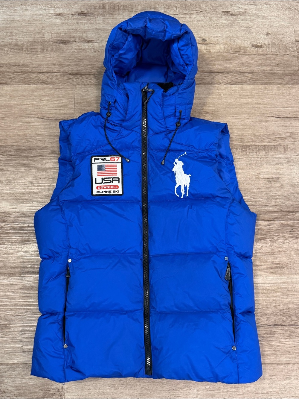 Polo Ralph Lauren Vest Medium Blue Hooded Down Puffer Big Pony USA Downhill Ski